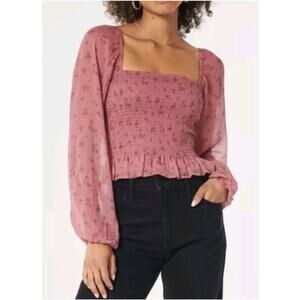 Hollister Long Puff Sleeve Square Neck Mauve Pink Floral Blouse Size XL